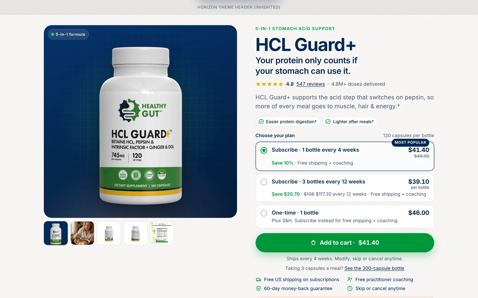 Product page concept built for HealthyGut's HCL Guard+ supplement