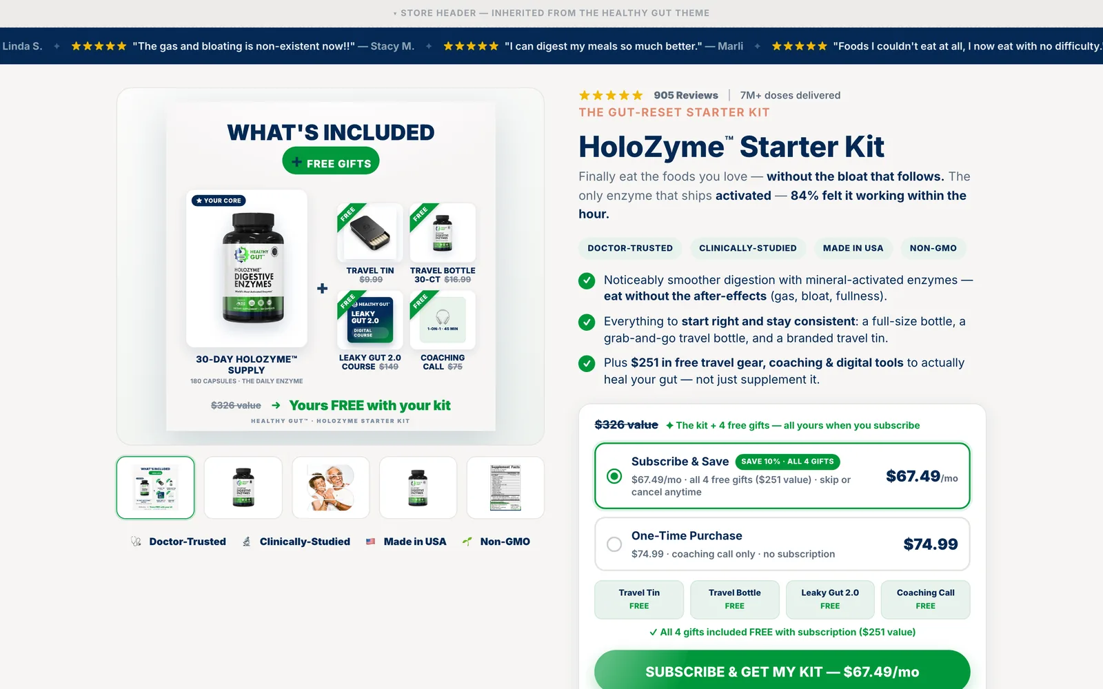Starter-kit product page with stacked free gifts, built for HealthyGut