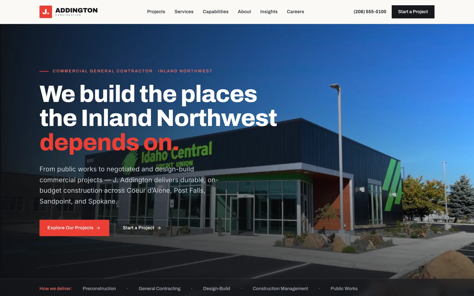 Homepage of the website built for J. Addington Construction, a commercial general contractor