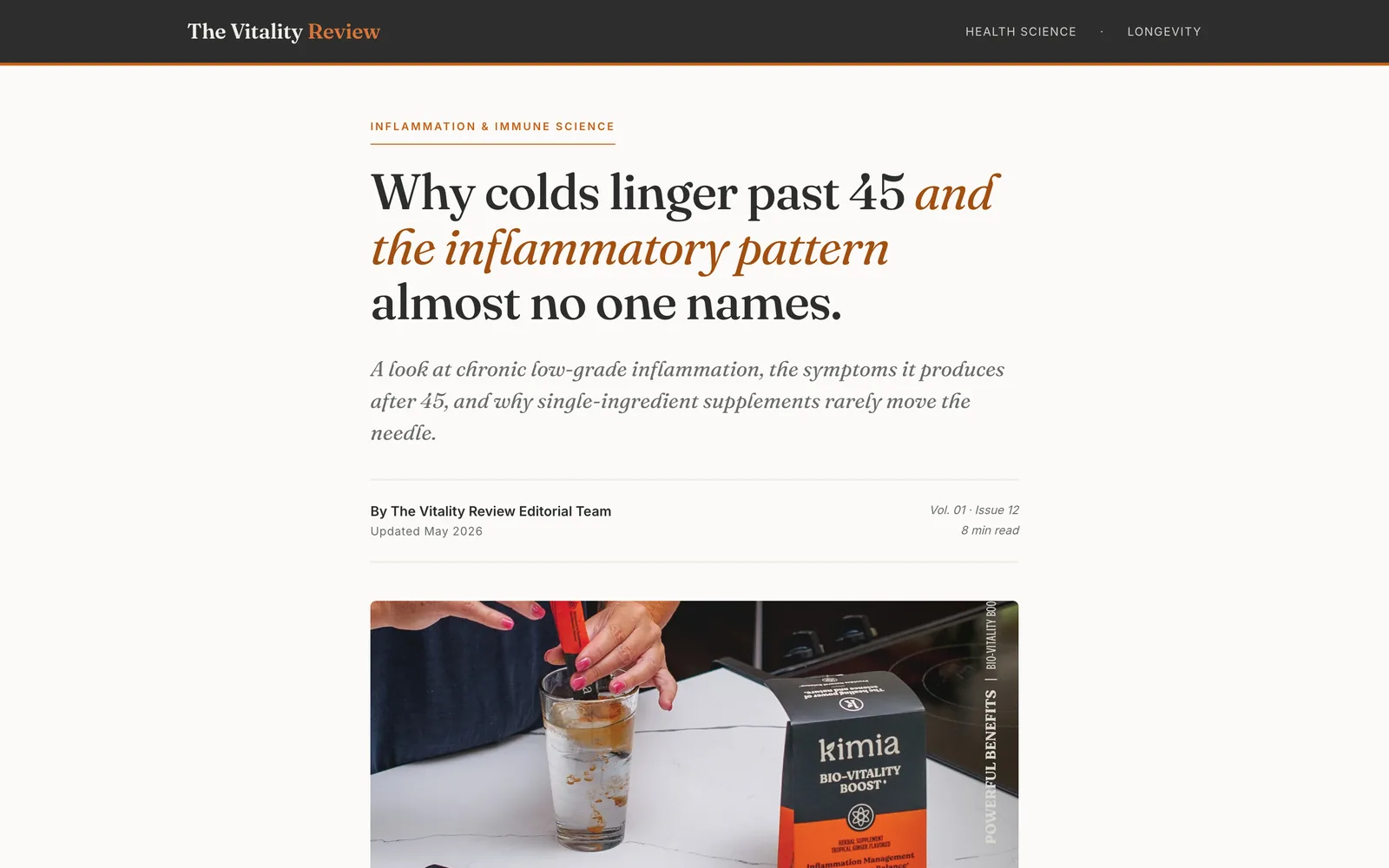 Editorial-style advertorial built for Kimia's Bio-Vitality Boost
