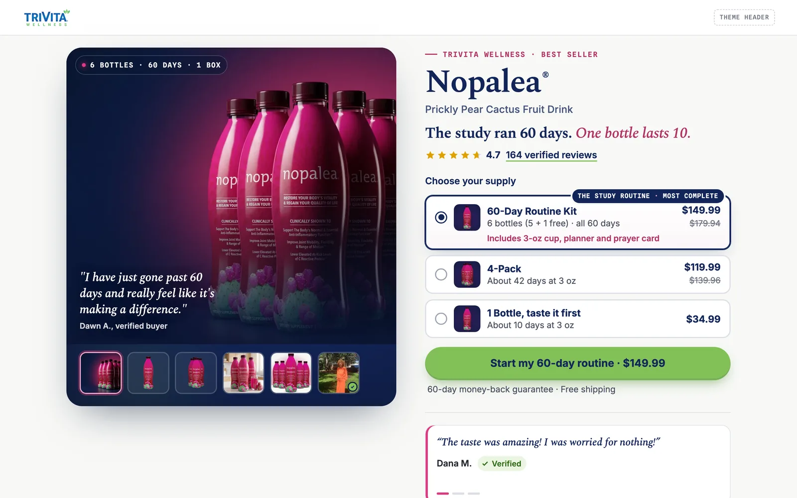Product page concept built for TriVita's Nopalea prickly pear drink