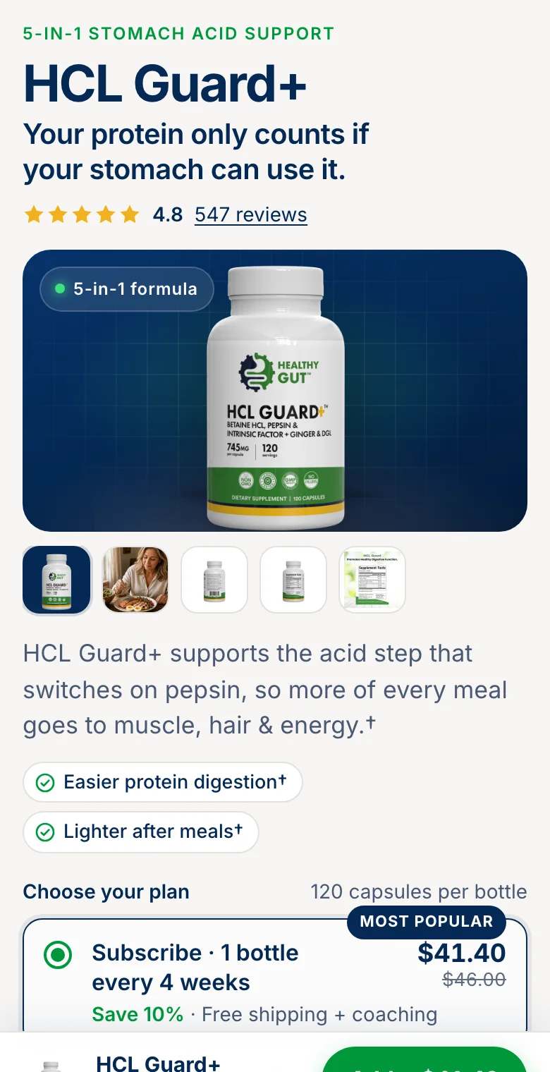 HCL Guard+ product page, built for HealthyGut
